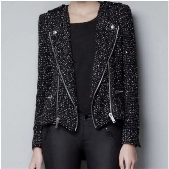 Zara Fantasy Fabric Wool Blend Boucle Tweed Moto Blazer Jacket Size Medium - Picture 1 of 15